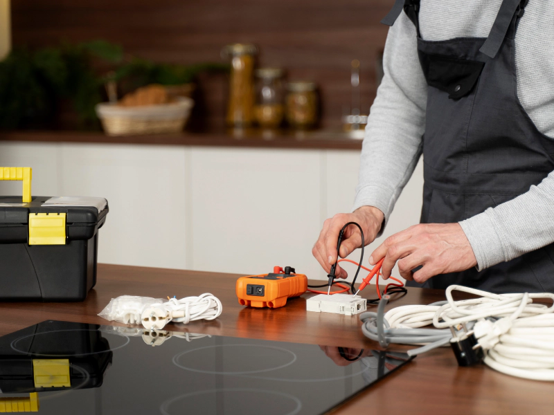 electrician working on a light plugin with some cables and tools on top of the countertop